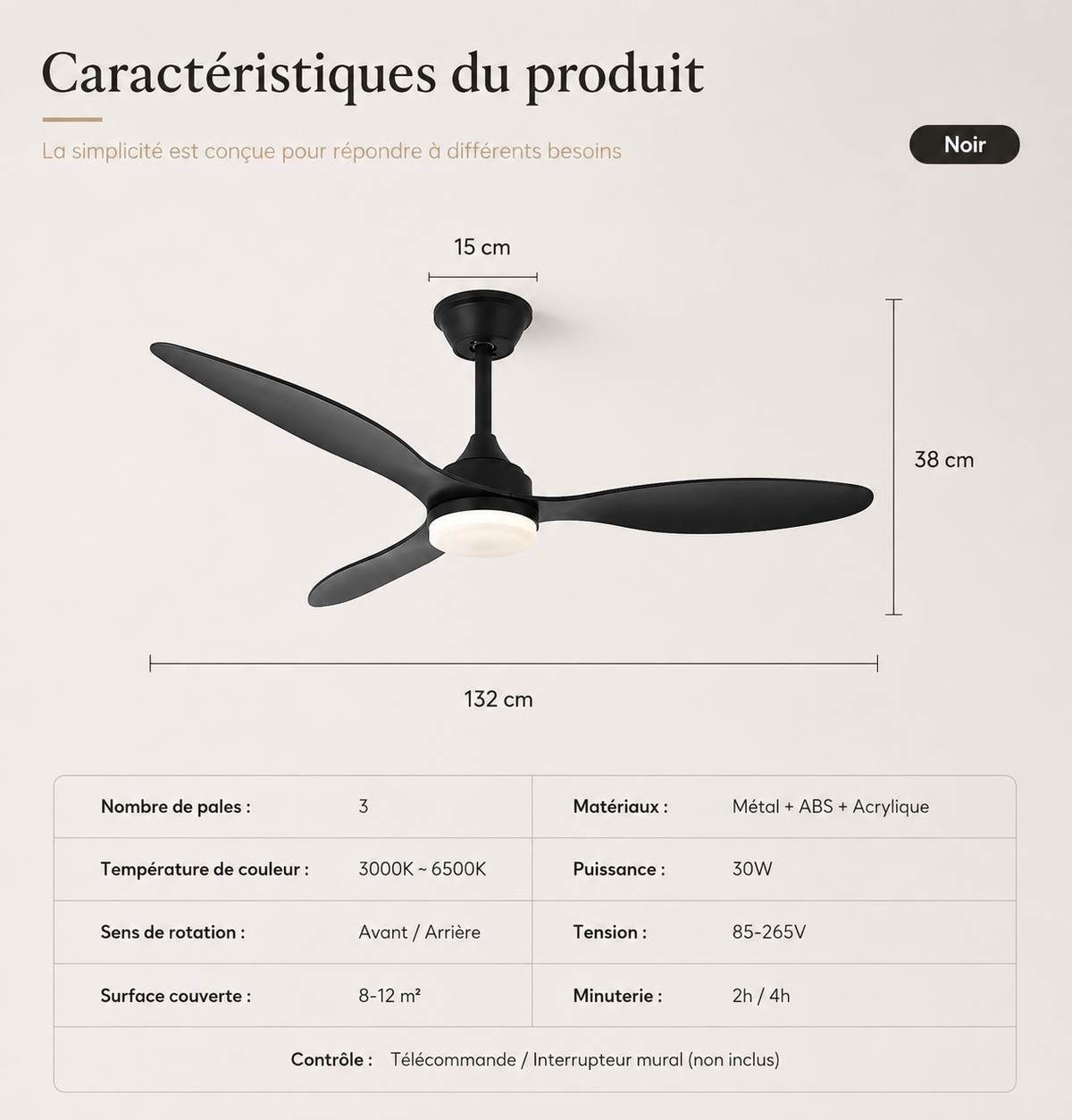 Velia - Ventilateur de plafond 52 pouces LED avec télécommande